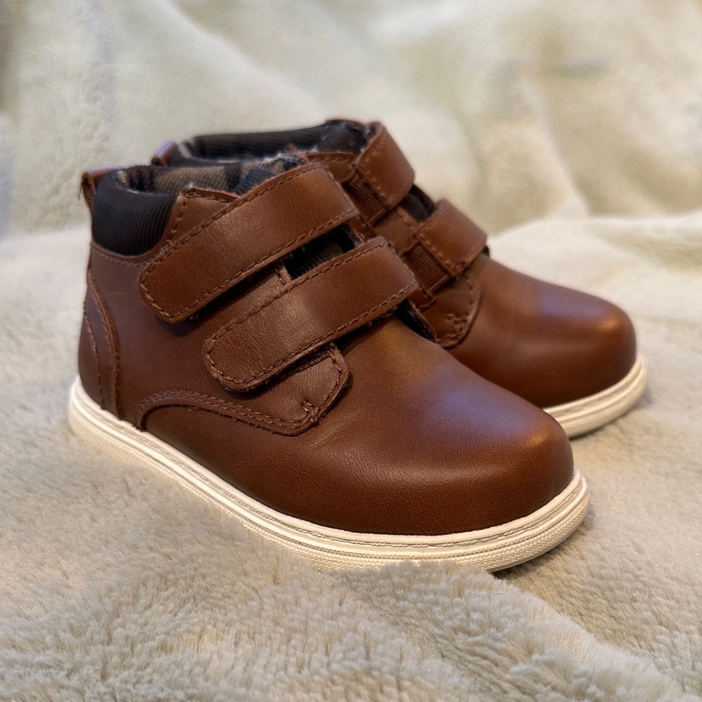 Brown Leather-like Kids Boots with Velcro Straps